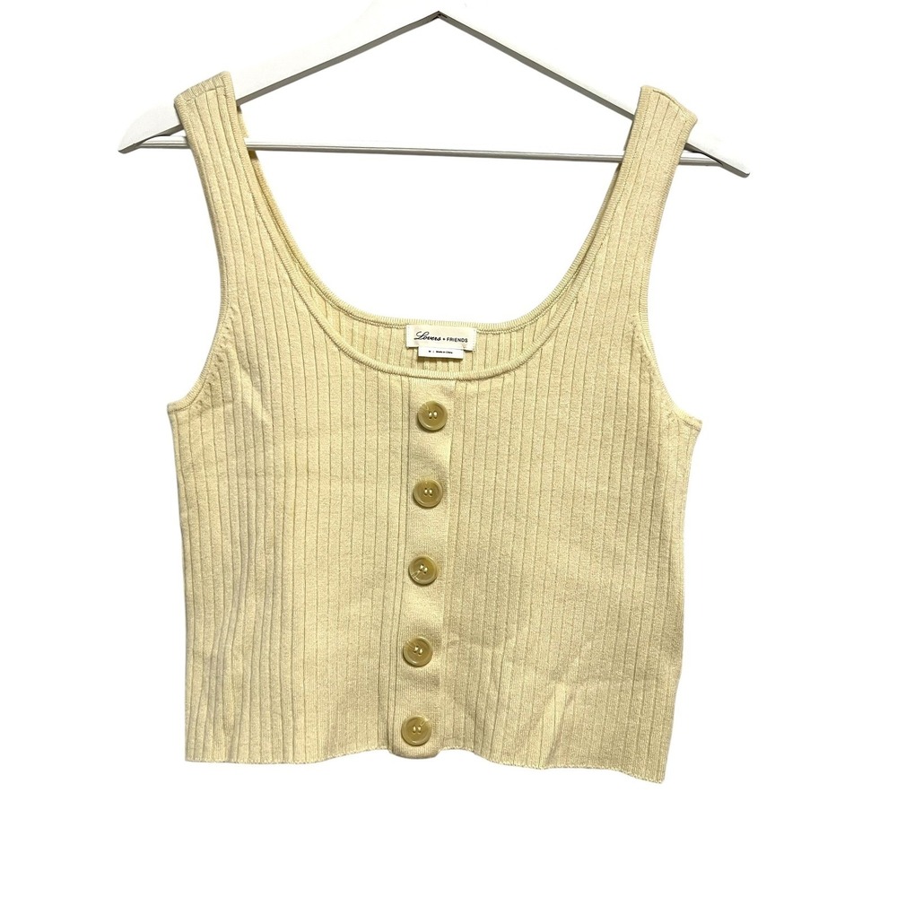 Lovers + Friends Tank Top Womens Medium Cream Ribbed Button Front Crop Cami Boho